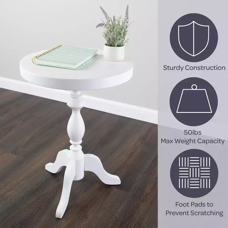 Round Pedestal Side Table – White Accent End Table for Living Room & Bedroom