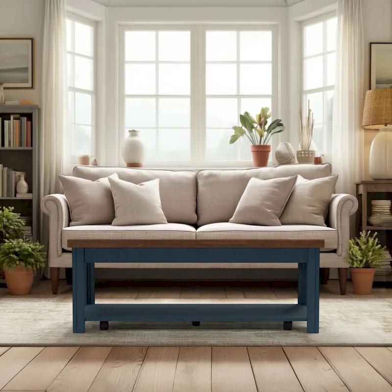 Bridgevine Home Nantucket 48 inch Coffee Table, No Assembly Required, Blue Denim and Whiskey