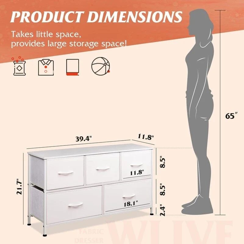 5-Drawer Dresser with Wood Top – Pink & Rose Gold / Rustic Brown / Black & Brown / White, Steel Frame, Single