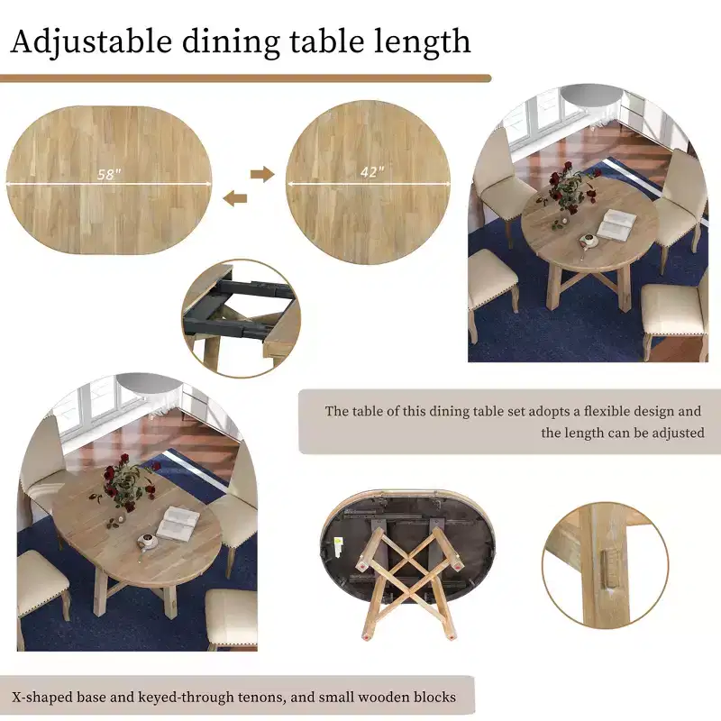 Whisen 5-Piece Farmhouse Dining Table Set with Extendable Dining Table and 4 Upholstered Dining Chairs