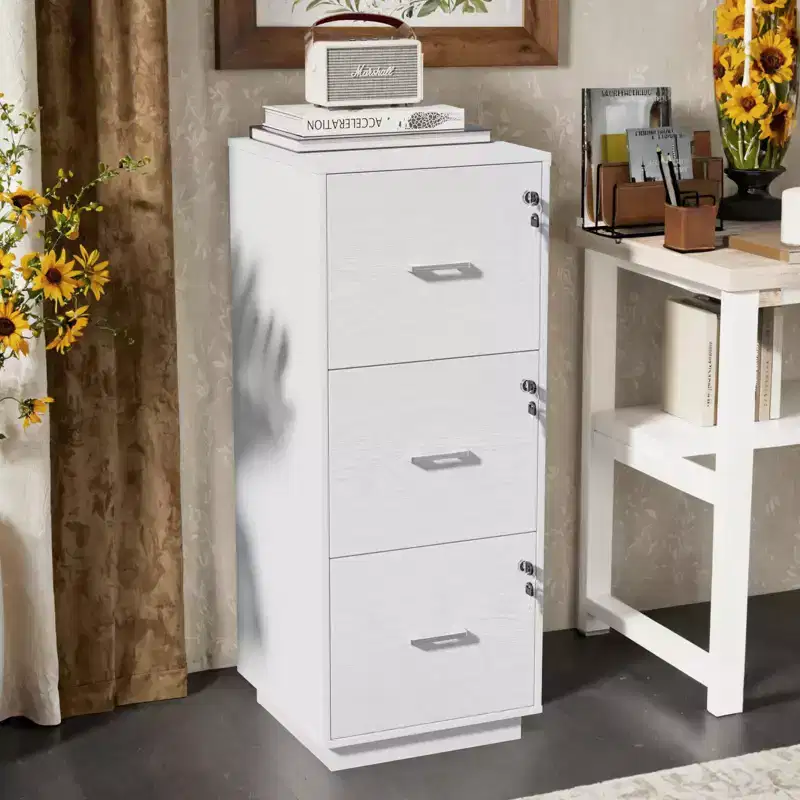 3-Drawer White MDF Vertical File Cabinet, 15.35