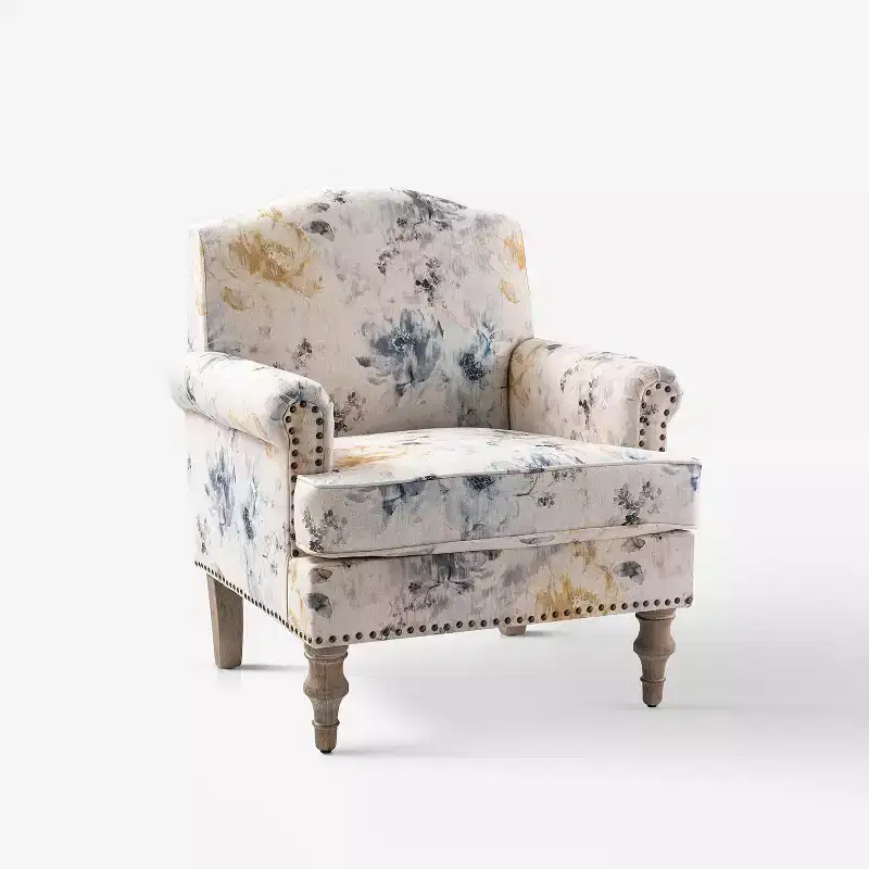 Yahweh Transitional Wooden Upholstered Floral Pattern Design Armchair with Panel Arms and Camelback| ART OF LIVING DESIGNS