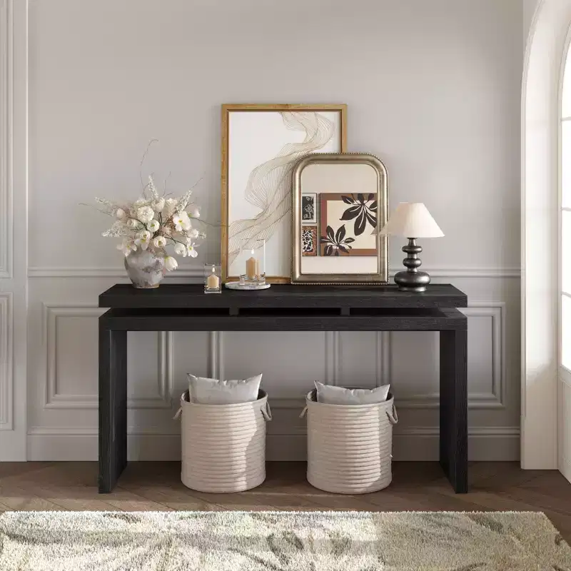 60IN Farmhouse Console Table with Thick Tabletop, Entryway Table with Double Board Suspension Design, Hallway Table for Lving Room