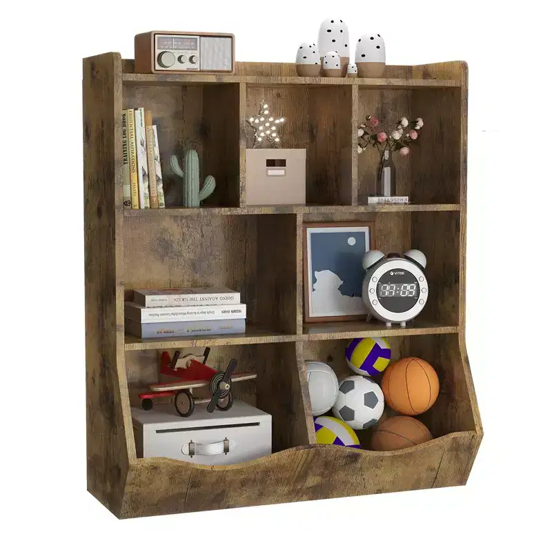 Brown/Gray/White 7-Cubby Kids Wood Bookcase with Drawers, 2-Set