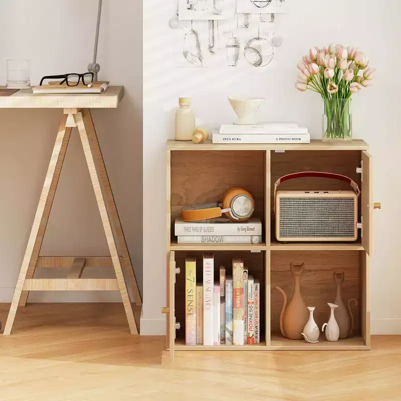 4-Cube Bookcase with Dual Anti-Tipping Kits & 2 Cabinets Storage Organizer White/Natural