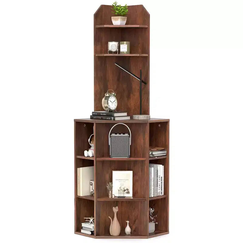6-Tier Corner Shelf 63 Tall Corner Bookshelf with 2 USB Ports & Charging Station Brown/White