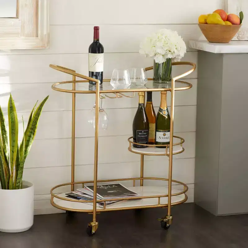 Contemporary Iron Bar Cart Gold - Elegant 3-Tier Rolling Storage, Indoor Use