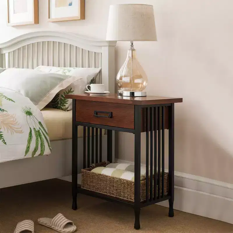 Ash Wood Nightstand with Drawer and Open Shelf