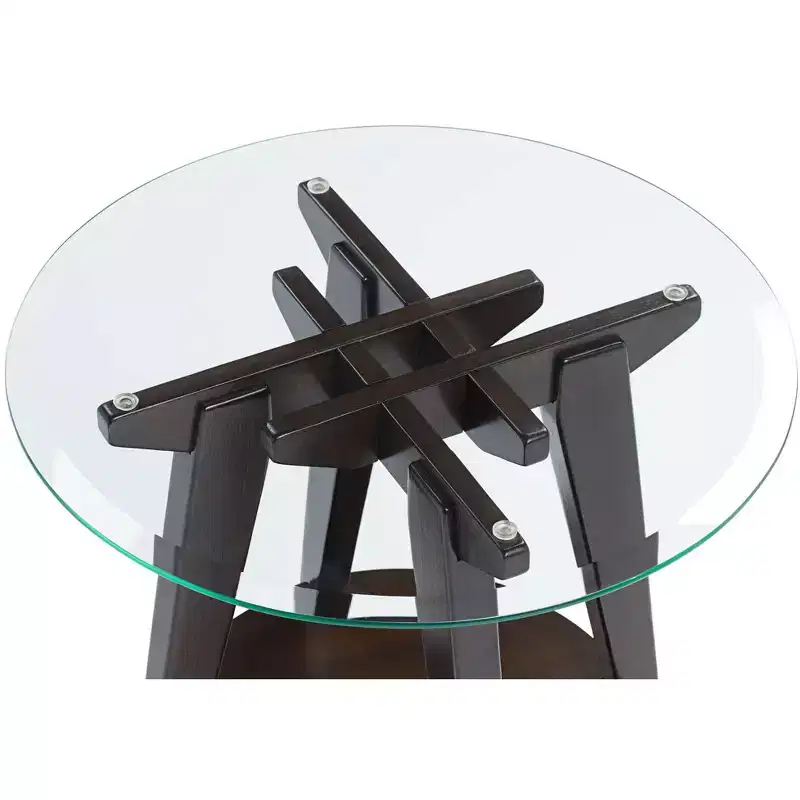 55 Downing Street Farmhouse Wood Round Accent Table 24 Wide with Shelf Dark Brown Tempered Glass Tabletop Living Room Home House