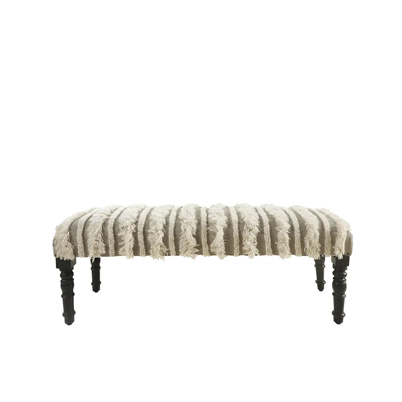 Cotton Upholstered Bedroom Bench with Solid Wood Legs, Striped, Nailhead Trim — 47