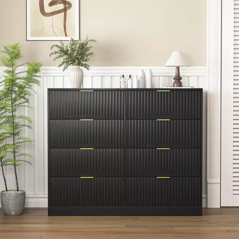 Modern 8-Drawer Dresser Cabinet, Wide Storage Organizer with Wavy Carved Fronts and Gold MetalHandles for Bedroom or Entryway - Panipeachy