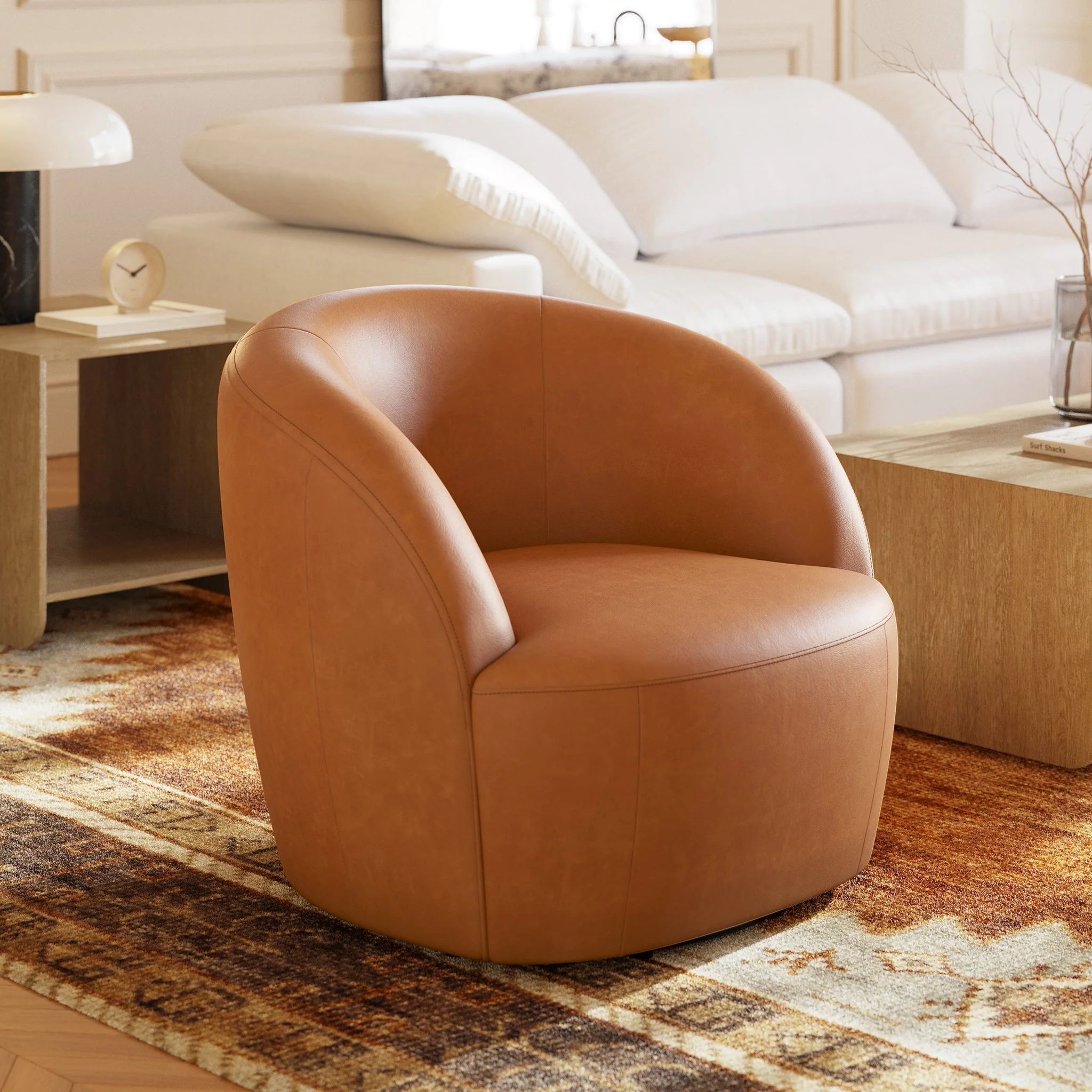 Modern Bourbon Tan Leather Leather Swivel Chair with Swivel Base