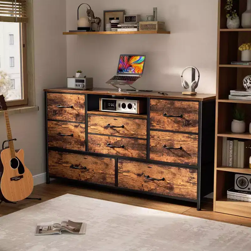 Wide Rustic Brown 8 Drawer Dresser with Power Outlets Fabric Storage Chest of Drawers Open Shelf Organizer Unit Bedroom Living Room