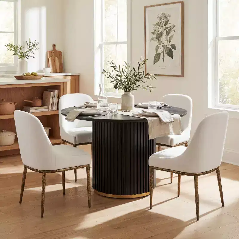 5-Piece Industrial Dining Set, Round Pedestal Table & 4 Upholstered Iron Chairs