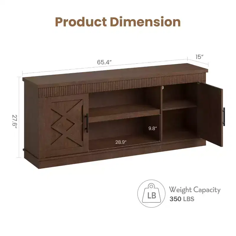 Farmhouse TV Stand for Tv Up to70 in, Fluted Entertainment Center w/ 2 Doors, 65 in Rustic Television Consoles Stands for Living Room, Bedroom