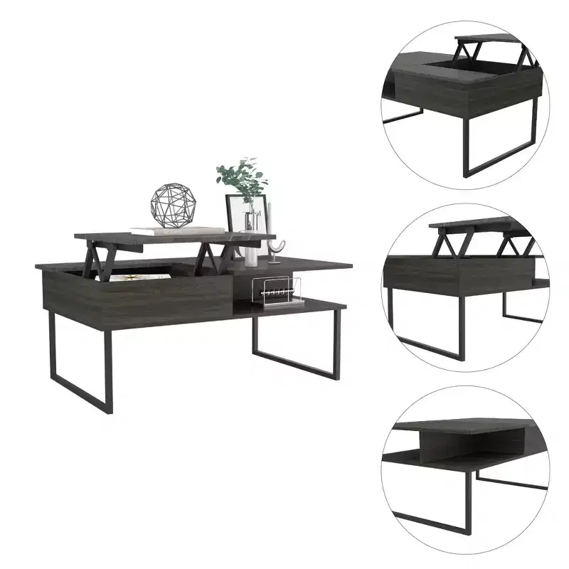 Armin Espresso Onyx Lift Top Coffee Table, Metal Legs One Open Shelf Modern Living Room Storage Table