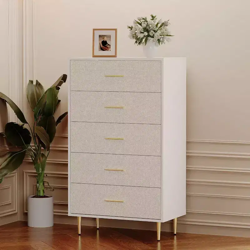 8 Drawer Dresser, White Dresser for Bedroom, Fabric Pattern Chest of Drawer with Gold Metal Handles and Legs for Living Room, Hallway