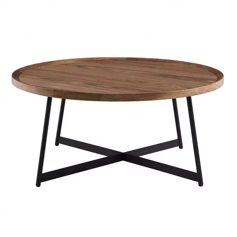 HomeRoots 35 Brown and Black Wood And Metal Round Frame Coffee Table