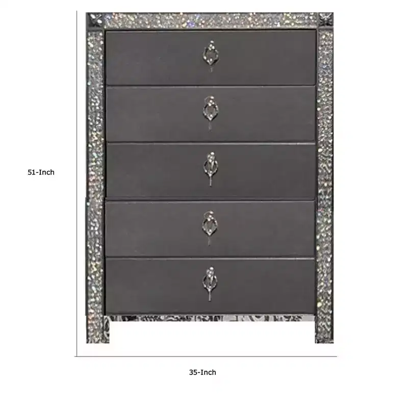 Royal Hampton Tall Dresser Chest, 5 Drawers, Crystal Trim, Gray Solid Wood