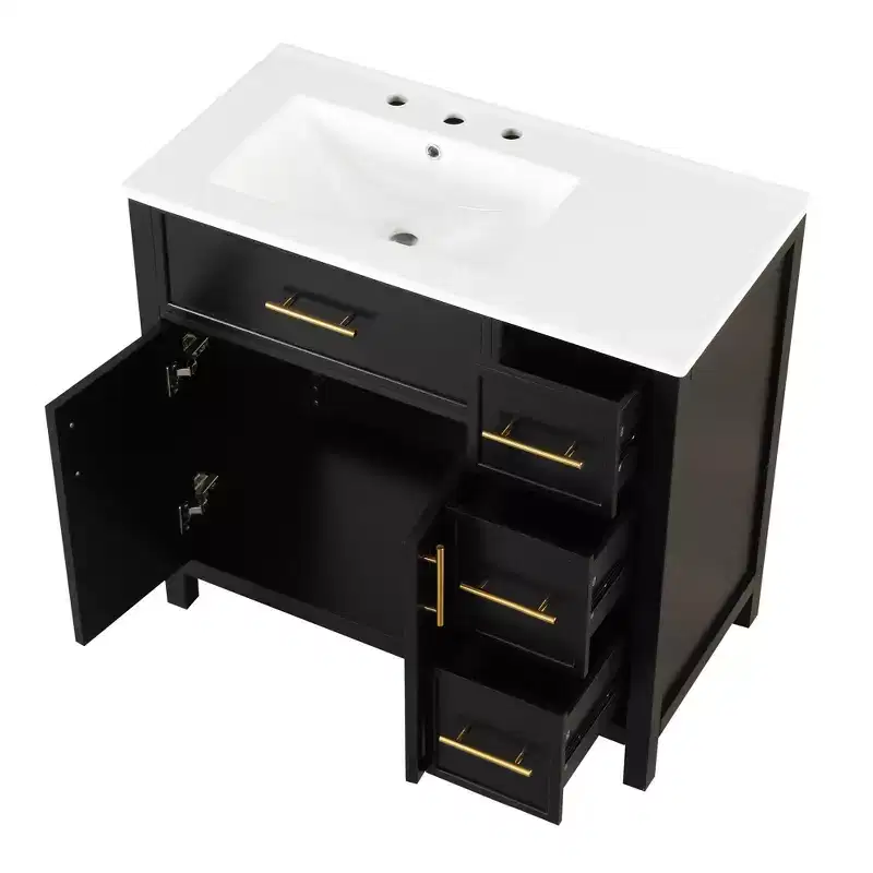 Bellemave 36 Bathroom Vanity with Sink, Black Bathroom Vanity with Drawers, Black Bathroom Cabinet with Gold Handles
