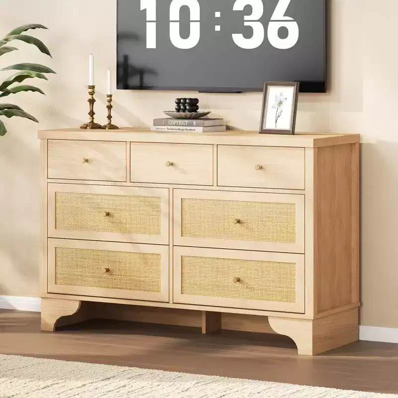 7-Drawer Buffet Cabinet with Rattan Accents, Black Wooden Sideboard for Living Room & Entryway