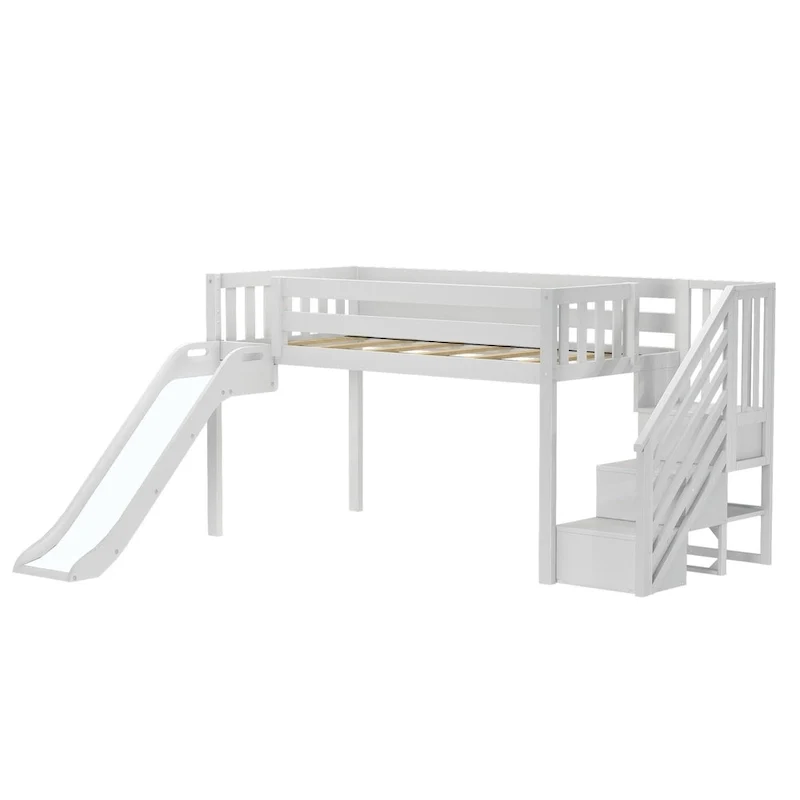 Max and Lily Classic Twin Low Loft with Stairs, Easy Slide and Curtain
