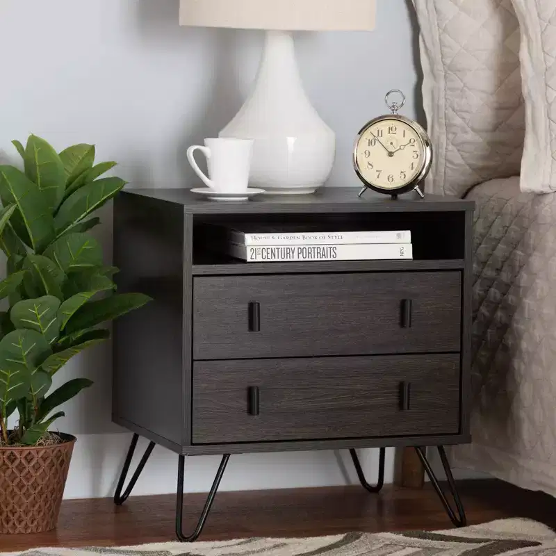 2-Drawer Brown/Black Wood and Metal Nightstand with Open Shelf
