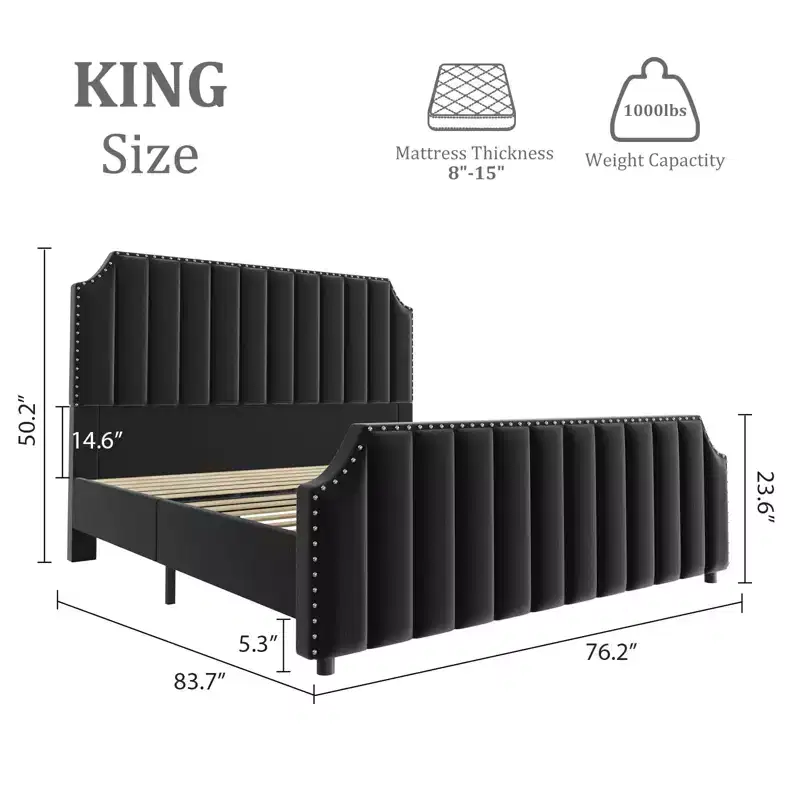 King Size Platform Bed Frame with Velvet Upholstered Headboard & Rivet Decor - No Box Spring