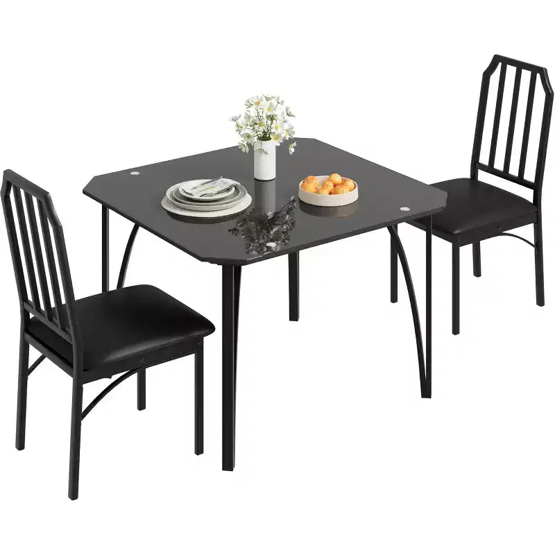 Glass Dining Table Set, Kitchen Table and Chairs with Chamfer Design, 3/5 Piece Dining Room Table Set with Cushion Seats