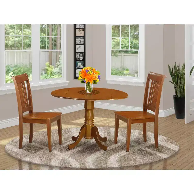 3-Piece Saddle Brown Finish Solid Wood Top - Dining Room Set - Seats 4