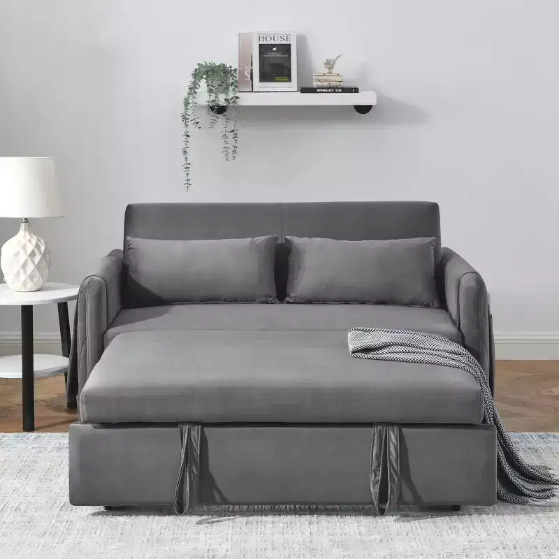 MAYEERTY 55 Modern Convertible Sofa Bed Velvet Loveseat 2 Detachable Arm Pockets Pull Out Bed 2 Pillows Adjustable Backrest Grid Armrests