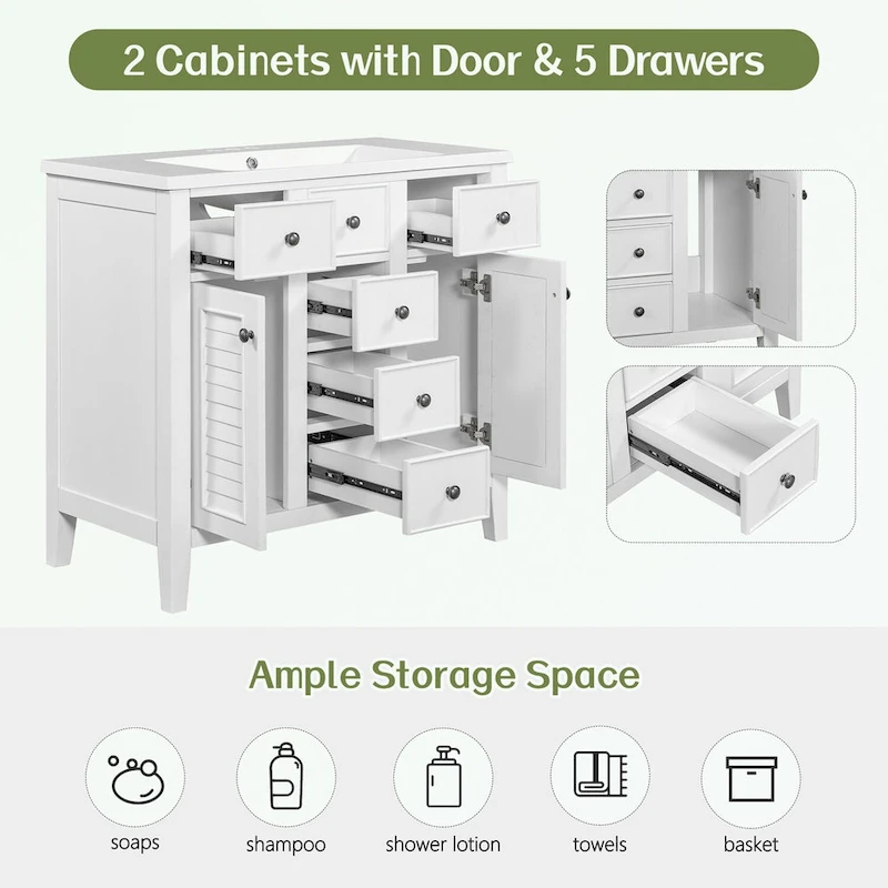 Bathroom Vanity with Ceramic Basin, Two Cabinets and Five Drawers