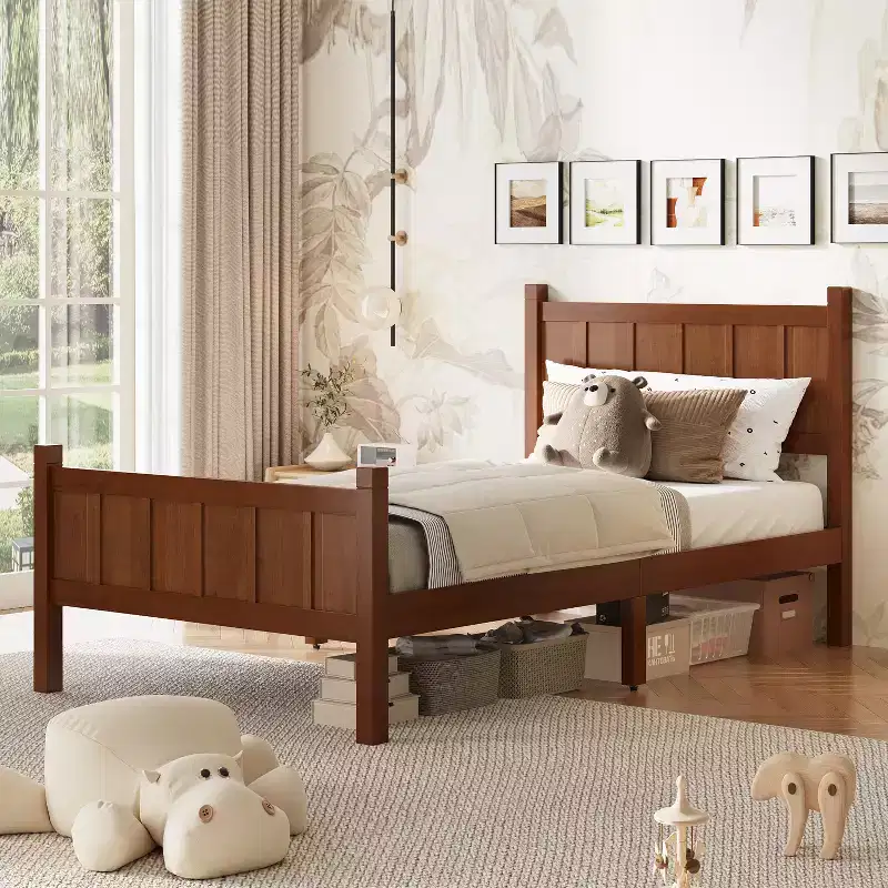Twin Flat Panel Platform Bed with Headboard and Footboard, Wood Grain Shaker Farmhouse Bed Frame, Dark Walnut