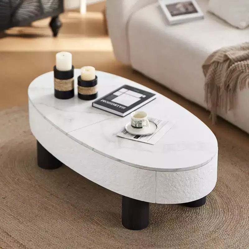 Oval Coffee Table, Marble-Look Top, Mid-Century Modern, Hidden Drawer & Storage, for Living Room Bedroom Office