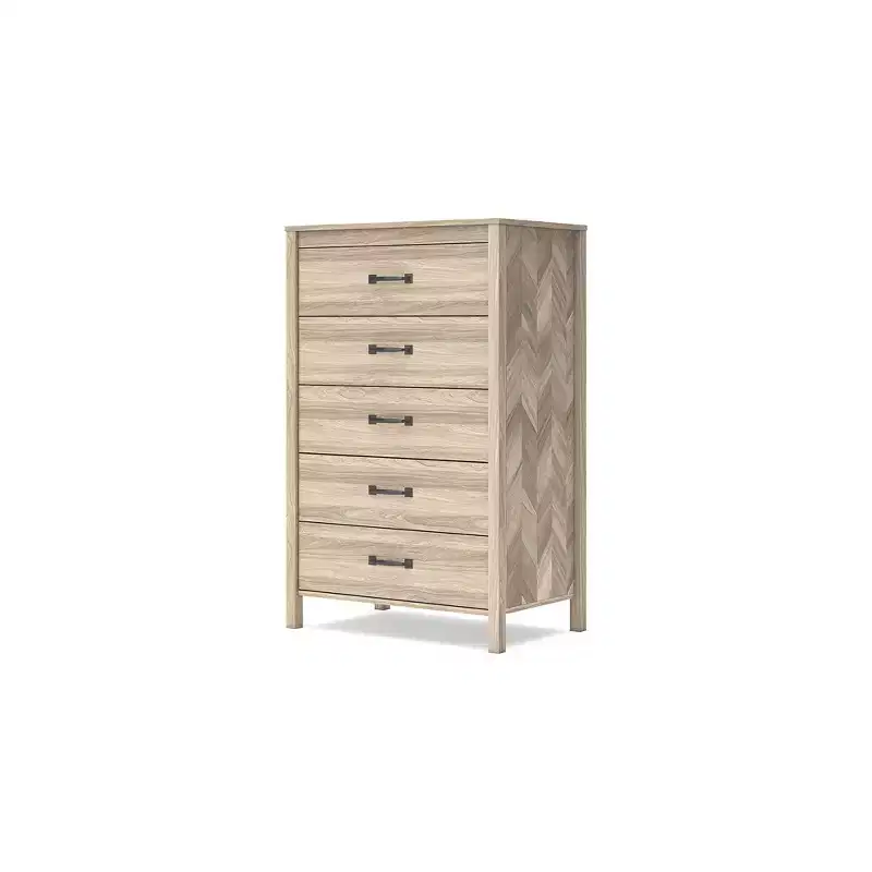 5 Drawer Dresser, Tan, Mid-Century Modern with Oak Grain and Chevron Pattern, Ball-Bearing Glides