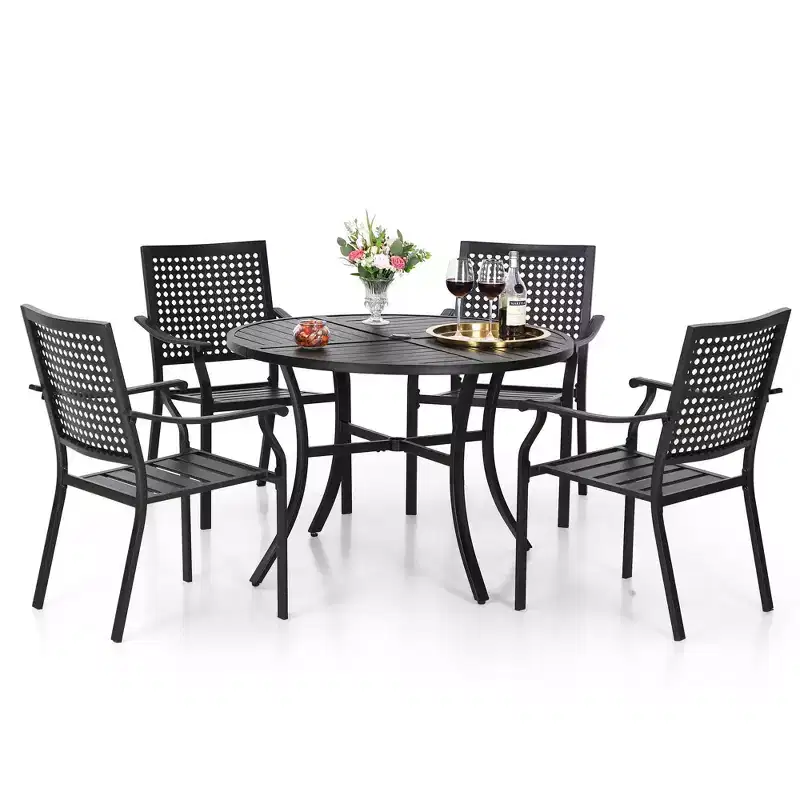 5pc Outdoor Dining Set with Metal Slat Round Table with Umbrella Hole - Captiva Designs: Stackable Chairs, Rust-Resistant