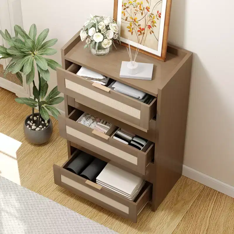 5 Drawer Dresser for Bedroom, Rattan Wood Chest of Drawers with Gold Handles, 45H Closet Dresser, Storage Dresser Organizer for Hallway