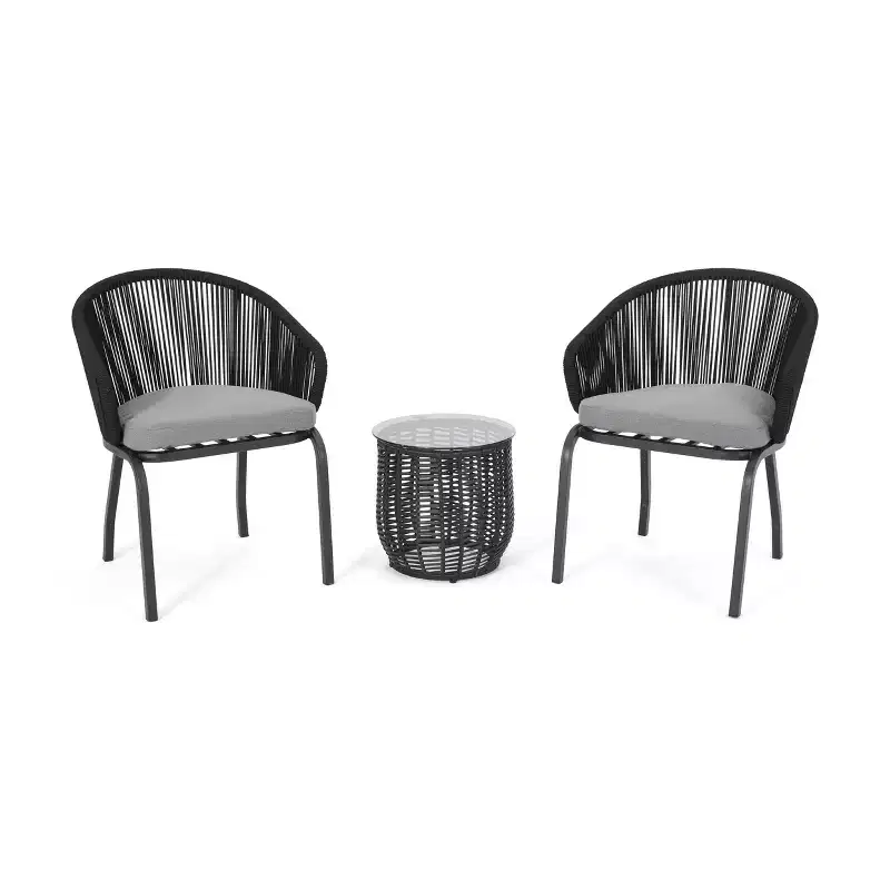 Christopher Knight Home Boynton Outdoor Rope and Iron 3 Piece Chat Set with Cushion, Black/Gray