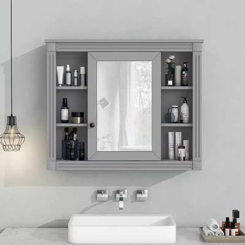 MAYEERTY 28.7 Wall Mounted Bathroom Mirror Cabinet with Concealed Storage 6 Open Shelves Medicine Cabinet Gray