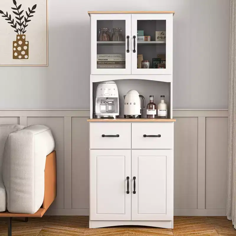 MAYEERTY Kitchen Cabinet Wooden White Pantry Room Storage Microwave Cabinet with Framed Glass Doors Drawer