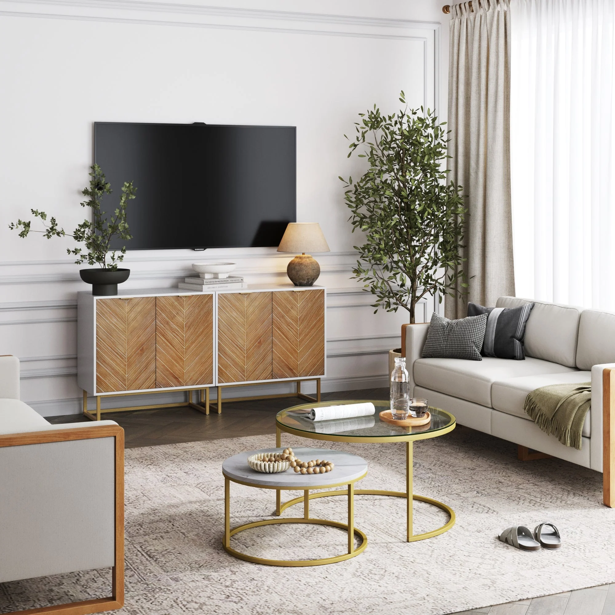 Wood Herringbone TV Console for TVs up to 65 Natural Wash/White