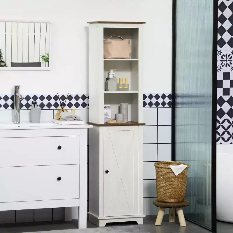 kleankin Slim Bathroom Storage Cabinet with Open Shelves & Cupboard, Freestanding Linen Tower Tall Skinny Bathroom Storage Cabinet Door Shelves, White