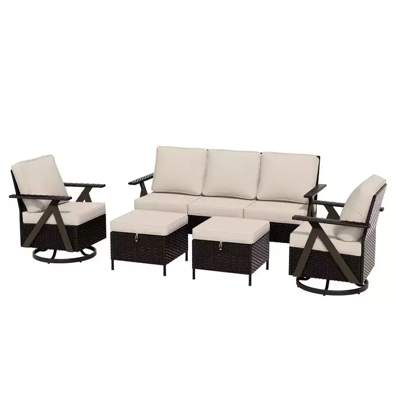 UPTIOT Outdoor 5-Piece Seating Set: 3-Seater Sofa, 2 Swivel Rockers & 2 Ottomans for Patio Comfort