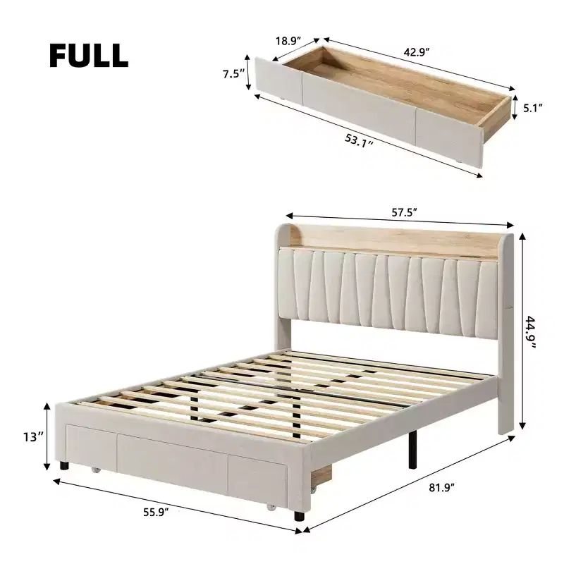 Whizmax Bed Frame with 2 Storage Drawers, Upholstered Platform Bed Frame with Storage Headboard, Mattress Foundation with Solid Wooden Slats Support