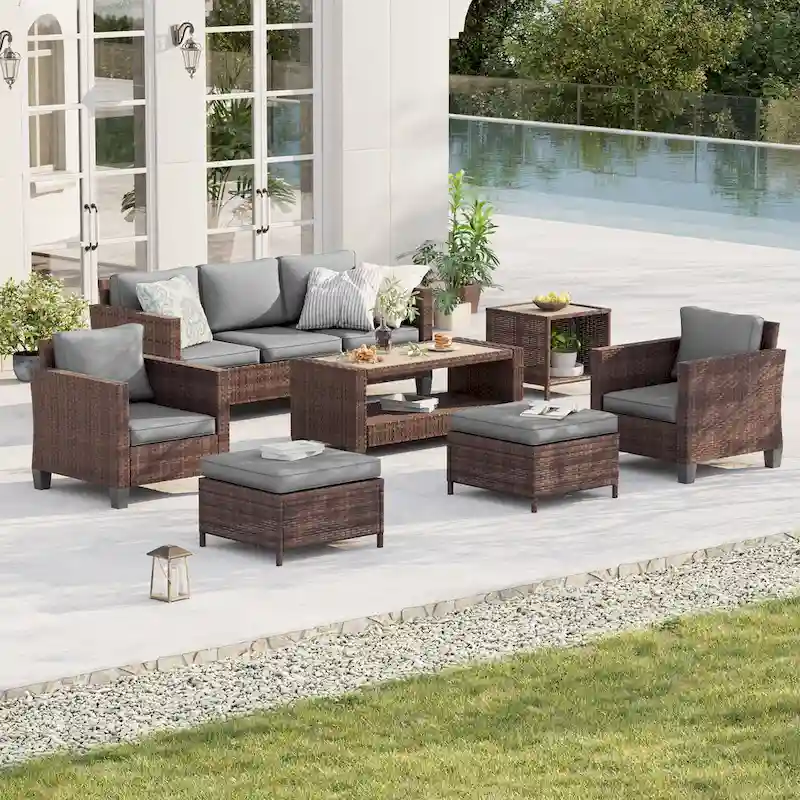 BONOSUKI Patio 7Pcs Furniture Conversation Brown Rattan 2 Side Tables