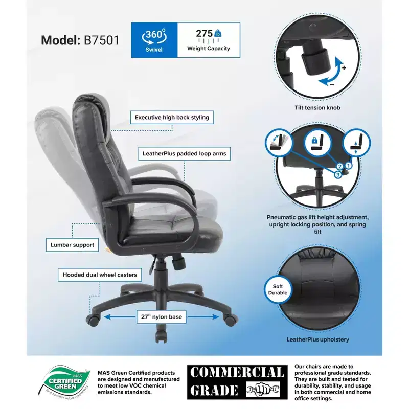 Executive High Back Chair Black -: Ergonomic, Swivel, Adjustable Height, Metal Frame