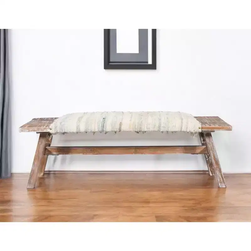 HomeRoots 50 White and Brown Cotton Upholstered Striped Bench