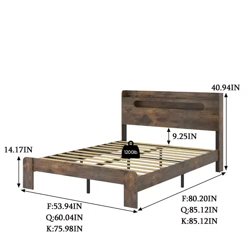Full/Queen/King Size Platform Bed Frame with LED Light Headboard and 2 USB, Wood Platform Bed with Storage