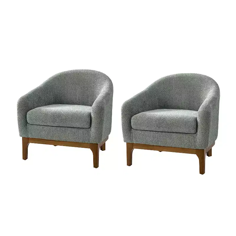Boucle Barrel Armchair Set of 2 Solid Wood Legs High-Density Foam Dual-Sided Cushion