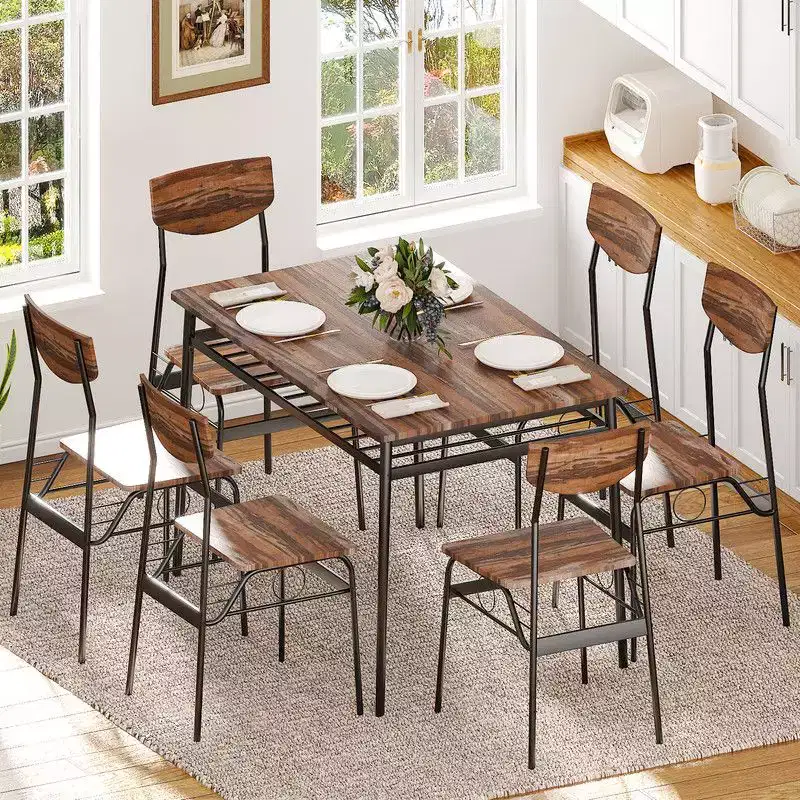 Karl Home 7-Piece Dining Table Set for 6, 43.3'' Kitchen Table and Wood Chairs with Storage and Backrest